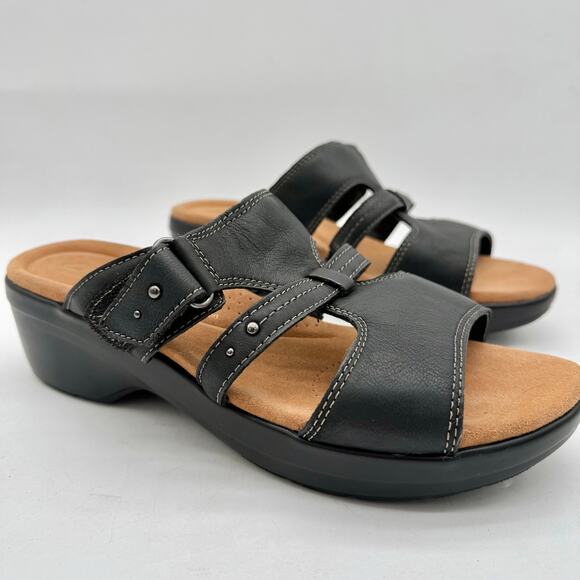 Clarks Tuleah Jane Black Leather Heeled Slide Sandals Women’s 10 Comfort Casual - Picture 3 of 8